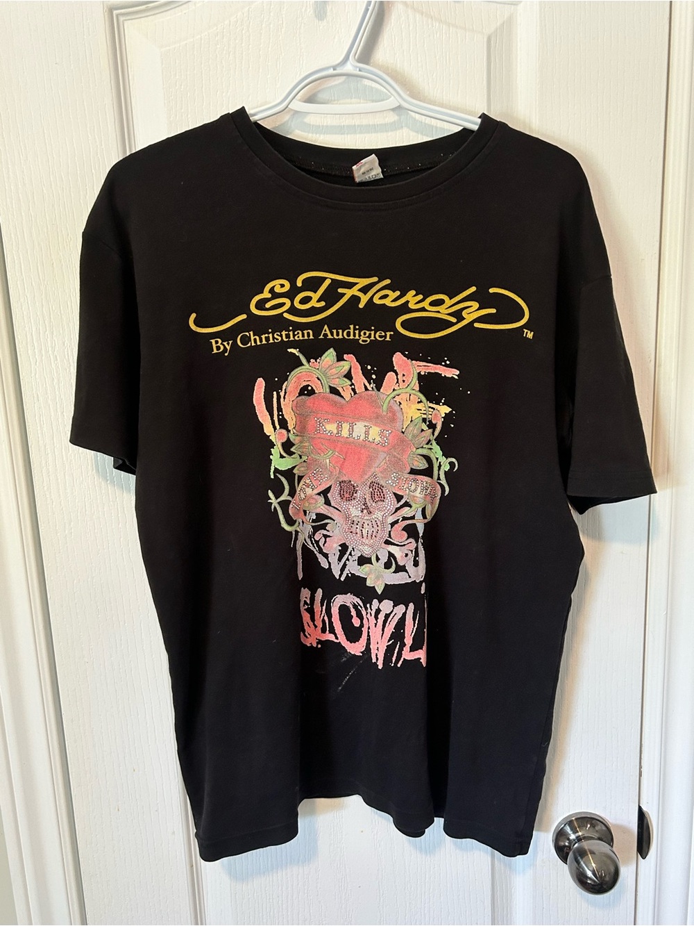 Ed Hardy Black Short Sleeve Graphic Tee with Yellow Logo and Pink Skull